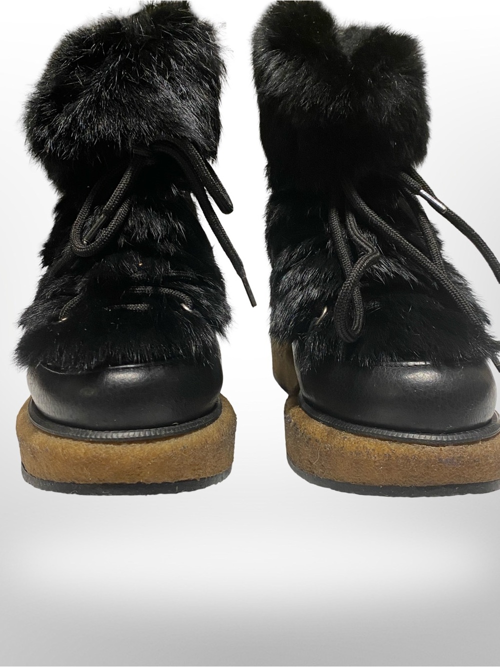 Paloma Barcelo Black Fur Trim  Lace-Up Boots with Brown Crepe Sole
